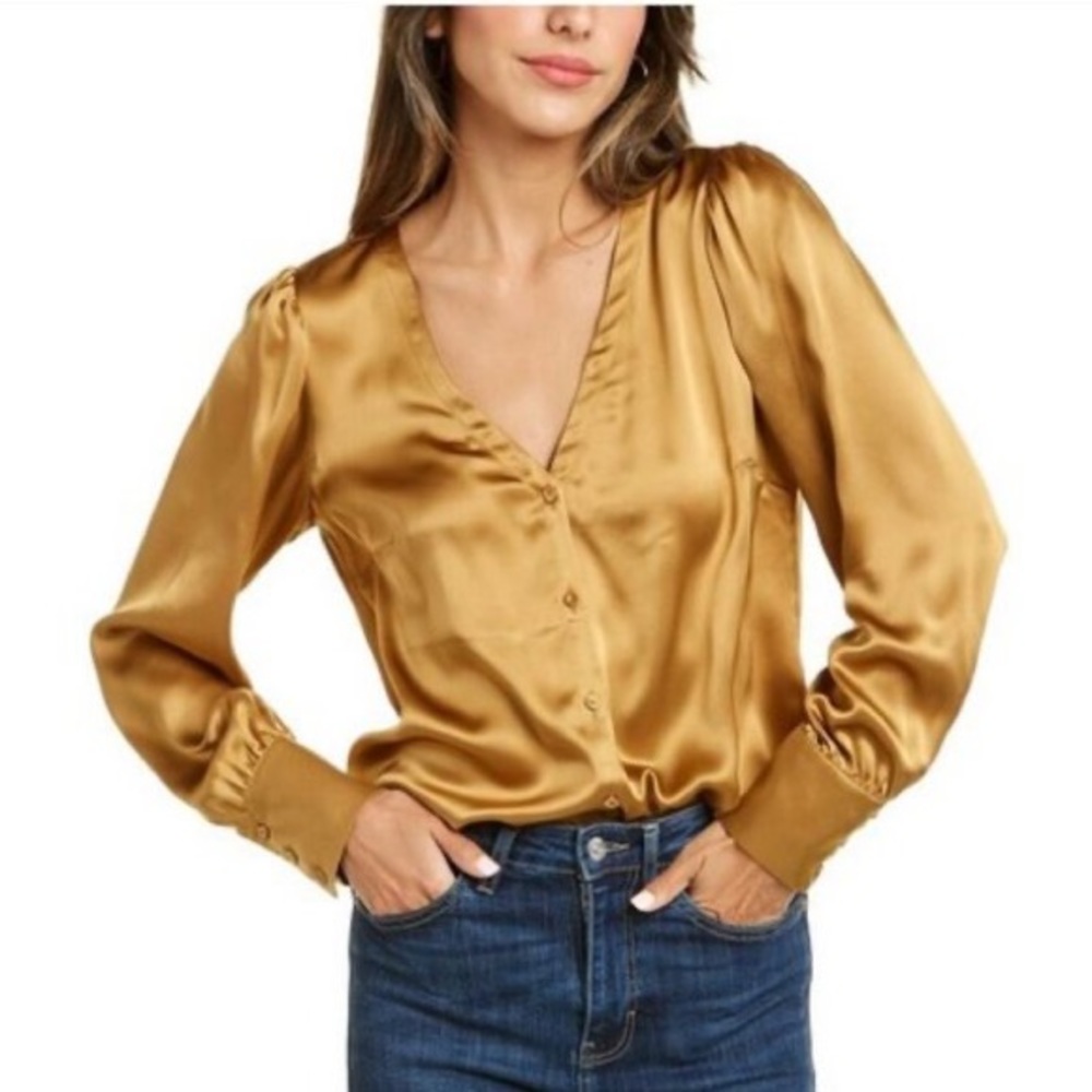 (B11) Rebecca Taylor Silk Charmeuse V-Neck Gold 100% Blouse, Size 2